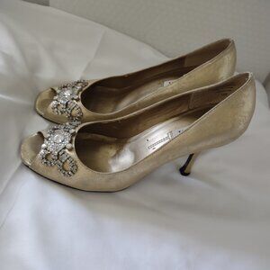 Gold Metallic Hi Heel Peep Toe Formal Shoes Sz 8.5M by Alfani